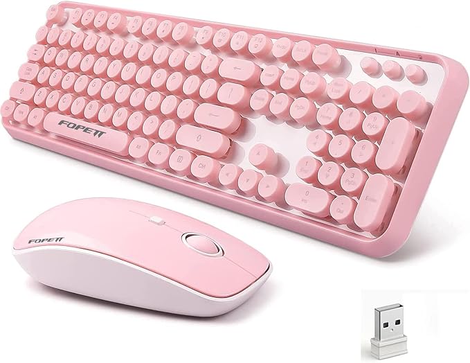 Wireless Keyboard and Mouse Combo, 104 Keys Full-Sized 2.4 GHz Round Keycap Colorful Keyboards, USB Receiver Plug and Play, for Windows, Mac, PC, Laptop, Desktop (Pink)