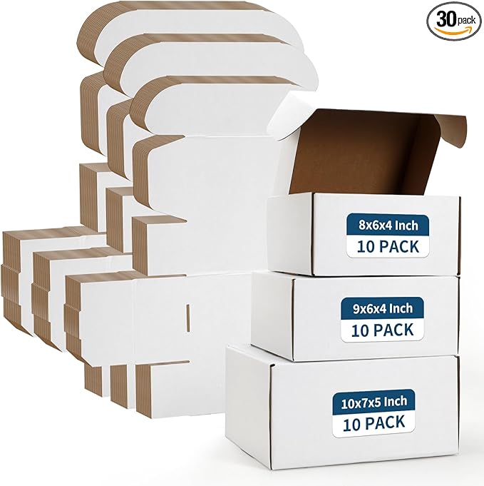 ZBEIVAN White Small Shipping Boxes, 30 Packs Cardboard Mailer Boxes for Packaging Small Business with Lids (10x7x5, 9x6x4, 8x6x4)