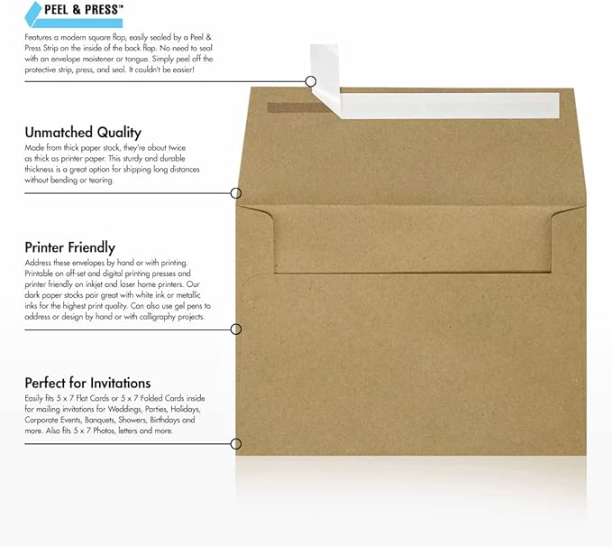 LUXPAPER A7 Invitation Envelopes for 5 x 7 Cards in 80 lb. Grocery Bag, Printable Envelopes for Invitations, w/Peel and Press Seal, 500 Pack, Envelope Size 5 1/4 x 7 1/4 (Brown)