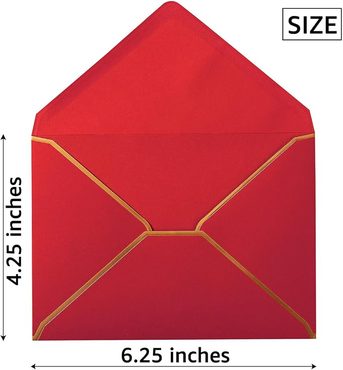 50 Pack A4 Envelopes Red 4x6 with Gold Border, 4.25x6.25 inches | Self-Adhesive, V Flap, For Wedding, Graduation, Baby Shower, Parties, Invitations