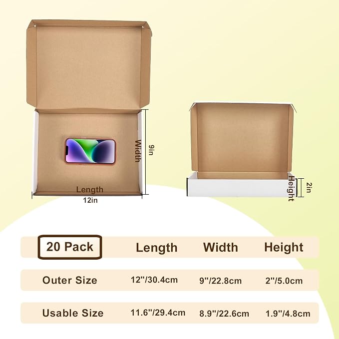 WIFTREY 20 Pack 12x9x2 Shipping Boxes, White 12 x 9 x 2 Corrugated Cardboard Box for Packaging Small Business, Moving, Literature Mailing