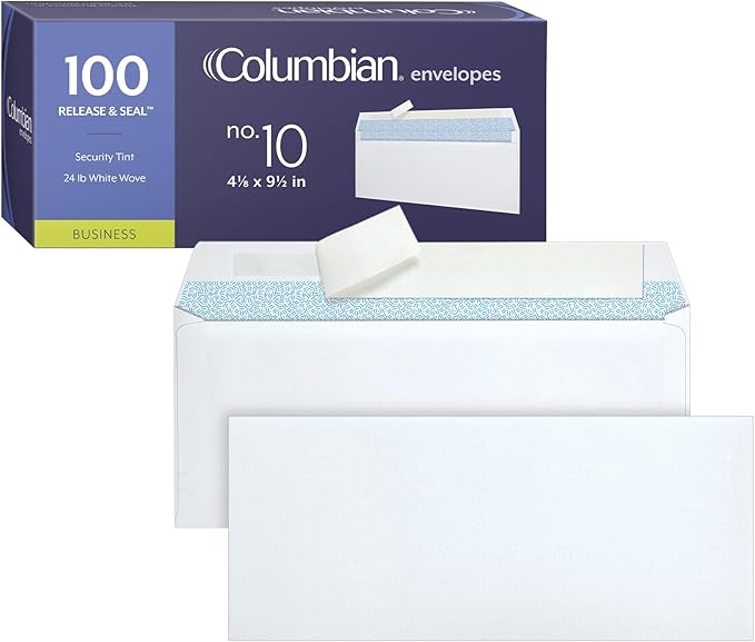 Columbian #10 Security Envelopes, 100 Pack, Self Seal Envelopes for Home, School, and Business Mailings, No Window, 4-1/8 x 9-1/2 Inches, Durable 24 lb White Paper