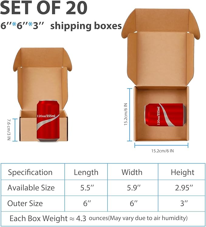 Small Shipping Boxes 6x6x3 Inches - Kraft Brown Corrugated Cardboard Boxes (20-Pack) for Mailing, Packing, Small Business & Gift Packaging - Recyclable & Sturdy
