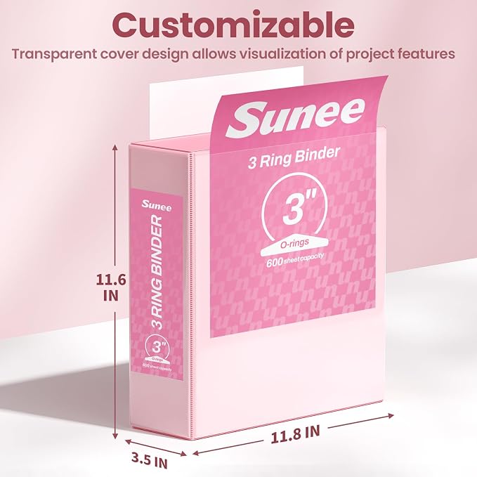 SUNEE 3 Ring Binder 3 Inch 4 Pack, 3" Clear View Binder Three Ring PVC-Free (Fit 8.5x11 Inches) for School or Office Supplies, Pink
