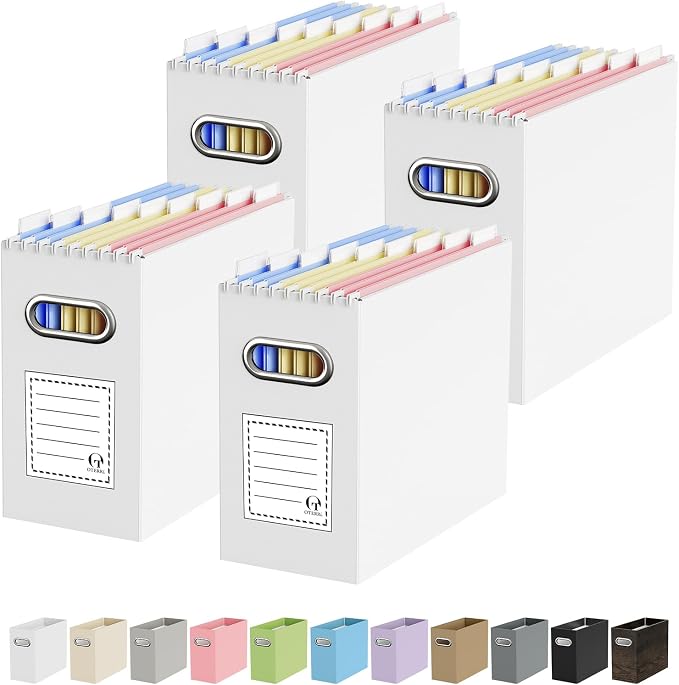 Portable Collapsible Cardboard File Box with Handle for Letter-Size | 4-Pack. Stainless Steel Handle. Label Stickers Included. Fits Letter Folders (Not Included). Home, Office, School, Dorm, Tax.