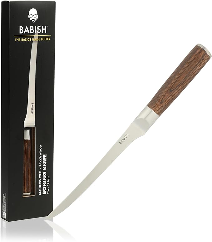 Babish 1.4116 German Stainless Steel Boning & Fillet Knife with Dark Pakka Wood Handle – 6-Inch Full-Tang Flexible Kitchen Knife for Meat, Poultry, Fish & Precision Butchering