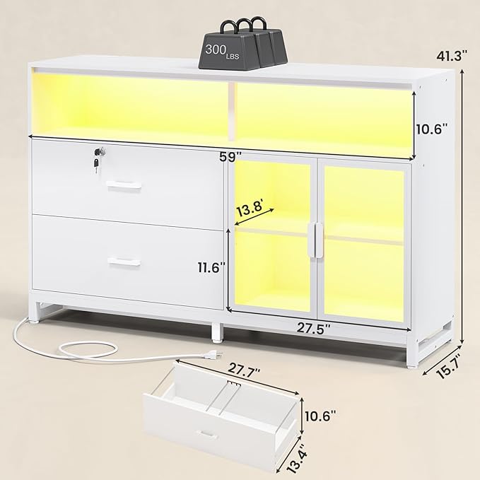 SEDETA 59" Filing Cabinet with Lock Drawers fits Legal Size for Home Office | White Lateral 2 Drawers File Cabinet with Acrylic Display Cabinet, Power Strip, Printer Stand with Storage Shelves for Office