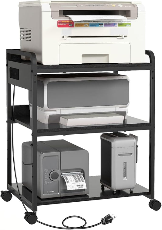 3-Tier Large Printer Stand with Power Outlet and Adjustable Storage Shelf | Printer Table for Home Office 25.2" x 18.9" Printer Cart with Wheels Rolling Cart for a CPU Tower or Shredder, Black