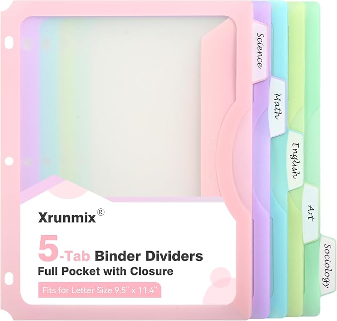 5-Tab Dividers with One Full Pocket, 5 Counts Binder Dividers, 8.5 x 11'' Dividers for 3 Ring Binder 1''/2'' Recipe Binder Dividers with 5 Tabs for Back to School, Pastel Color (1)