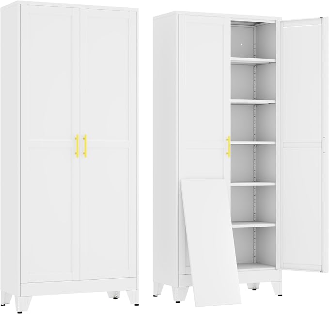 erosoei 75" H Metal Garage Storage Cabinet, Metal Pantry Cabinet with 2 Doors, Locker Steel Cabinet with 5 Adjustable Shelves, Freestanding Cupboard for Garage,Office,Home,Gym,School