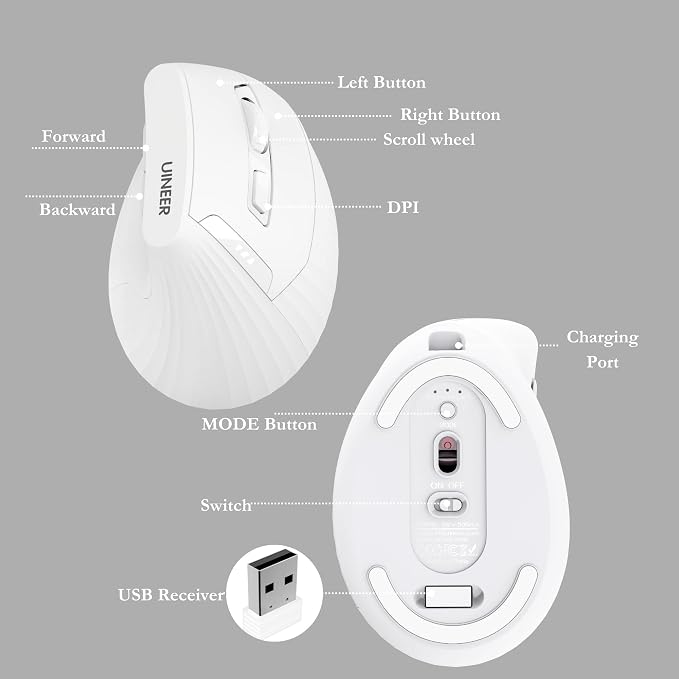 Uineer Vertical Ergonomic Mouse, Wireless Bluetooth Mouse, 3-Device,Quiet | Switch among 3 devices; side scroll wheel supports horizontal navigation for documents and spreadsheets.
