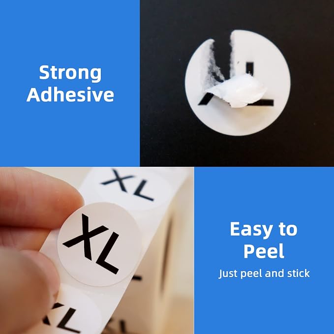 3500 PCS 7/8" Size Labels for Clothing Retail, 7 Sizes (XS-XXXL) | Round Self Adhesive Size Stickers, for T Shirts/Trousers/Skirt Retail, BPA free, Easy Peel, 7 Rolls (White with Black Word)