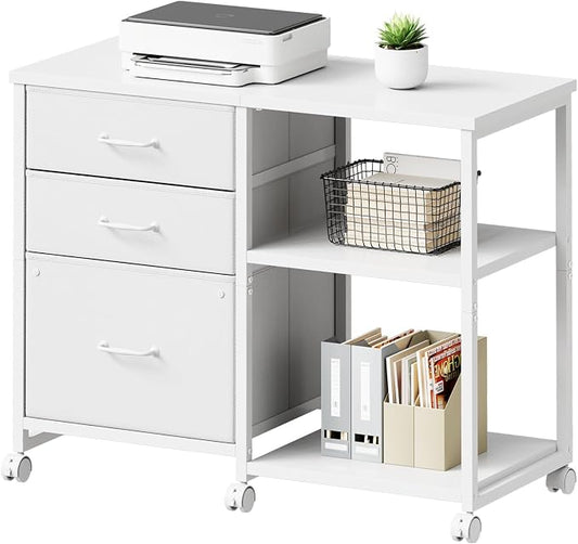 3 Drawer File Cabinet with Wheels with Open Storage Shelf, White | Rolling Printer Stand Fabric Lateral Filing Cabinet for Home Office