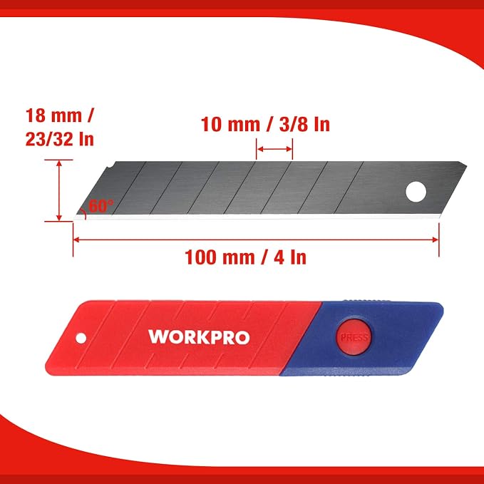 WORKPRO 18mm Snap-off Blades, Pack of 100 | SK5 Steel Replacement Blade Fits all 18mm Utility Knife and Box Cutter, for DIY, Home, Office & Artcraft Use