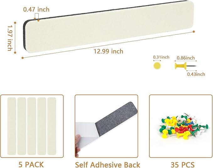 Felt Pin Board Bar Strips Bulletin Board for Bedrooms Offices Home Wall Decoration, Notice Board Self Adhesive Cork Board with 35 Push Pins for Paste Notes, Photos, Schedules (Cream)