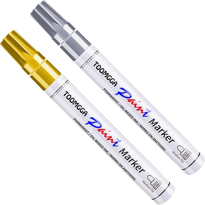 TOOMGGA 2 Gold and Silver Permanent Markers Paint Pens, Oil Based Medium | Marking Pens, Quick Drying, Waterproof, Fade-resistant, for Rock Painting, Car Tyre, Metal, Plastic, Canvas, Mugs, Wood
