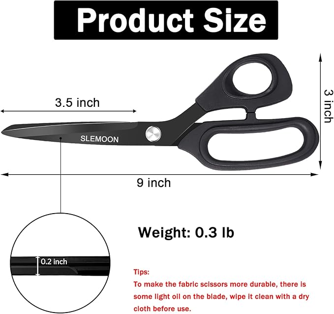 9" Scissors All Purpose, Heavy Duty Professional Tailor Scissors for Fabric Cutting, Leather Craft & Sewing Projects, Black