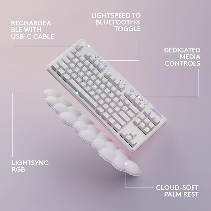 Logitech G715 Wireless Mechanical Gaming Keyboard with LIGHTSYNC RGB, Lightspeed, Tactile Switches (GX Brown), and Keyboard Palm Rest, PC/Mac Compatible - White Mist
