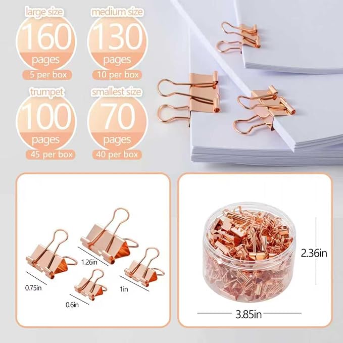 Binder Clip Paper Clamps, Assorted Sizes (Mini, Small, Medium, Large), 100 Pcs Clips for Office School Supplies (Rose Gold)