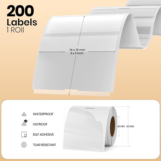Transparent Thermal Labels 3 × 3 Inch Waterproof Stickers 200 PCS | Strong Adhesive, Oil-proof, Tear resistance, Perforation, Printable vinyl clear decal for small business home office barcode