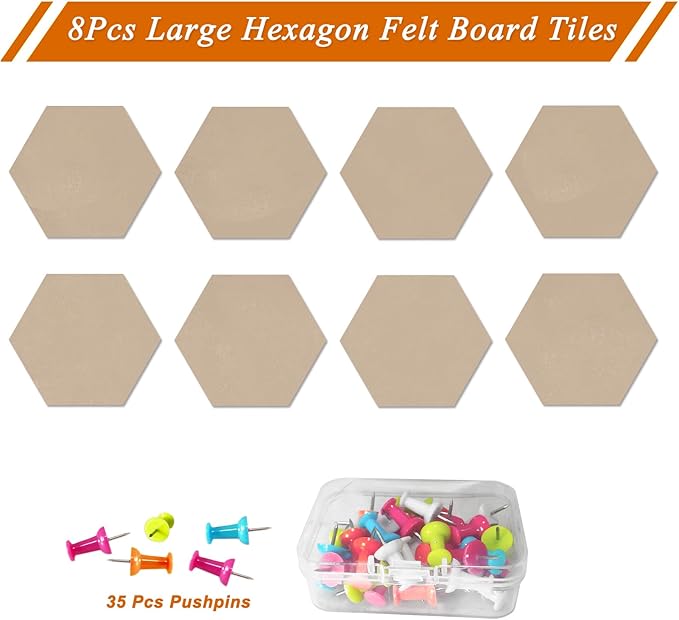 Large Hexagon Felt Cork Board Tiles, Self Adhesive DIY Felt Bulletin Board Pin Board with 35 Pushpins for Office School Home Wall Decor Stickers Memos Photos Display(Light Brown)