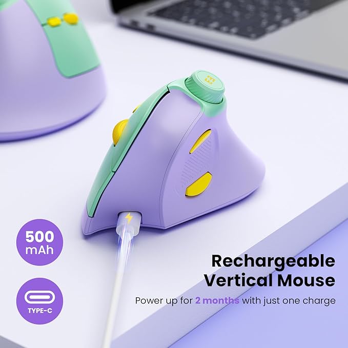 seenda Ergonomic Mouse Wireless, MOU-302 Bluetooth Vertical Mouse Rechargeable, Optical Mice with 1000/1600/2400 DPI, Volume Knob, 3 Multi-Device Connectivity for Computer/PC/Laptop/Mac, Purple
