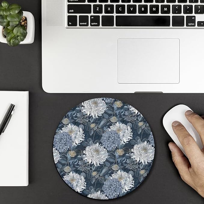 Vintage Blue Floral Round Mouse Pad, Oriental Dusty Blue Chrysanthemum Flower Botanical Mousepad Mat for Home Office Computer Laptop Desk Accessories 7.9x7.9 in
