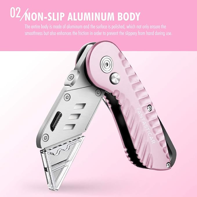 FantastiCAR Folding Utility Knife, Sturdy Metal Box Cutter with Extra 5 Blades, Quick Blade Change, Anti-slip Safety Lock, and Preminium Gift Packaging, for Cardboard Opener, Paper Cutter (Pink) | Anti-slip Sturdy Knife Body, Quick Blade Change, Premiu...