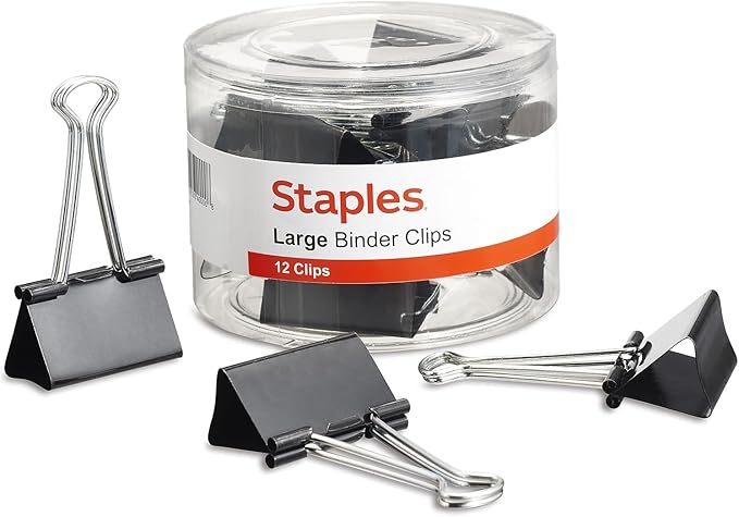 Staples Binder Clips, Large Size, 1" Capacity, Black, 12 Pack – Strong Hold Clips for Office Filing & Paper Bundles