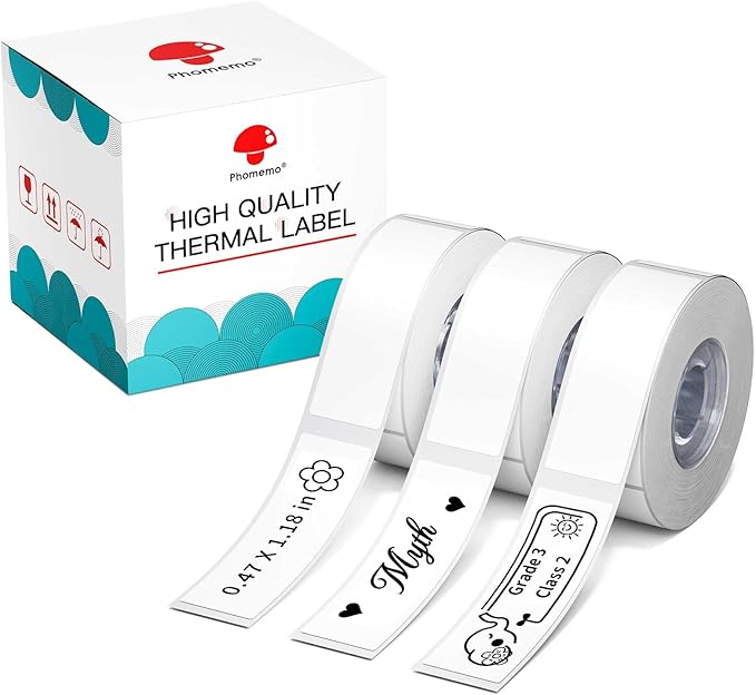 Phomemo D30 Labels, 3/8" X 1 1/2" (12mm X 40mm) 160 Labels/Roll, D30 Label Tape Compatible with D30 Label Printer, Print Master Labels Refill for Home, Office, Kid School Supplies, Black on White