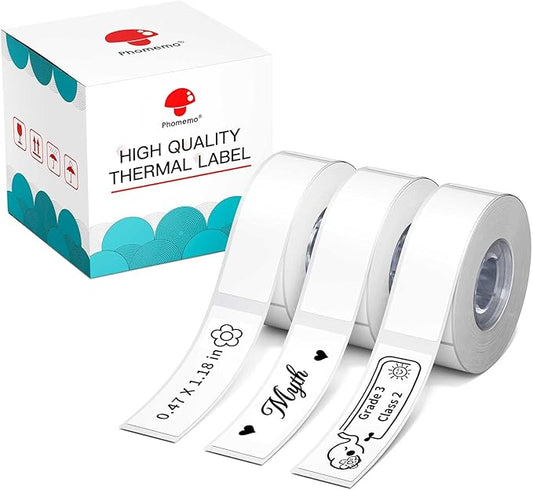 Phomemo D30 Labels, 3/8" X 1 1/2" (12mm X 40mm) 160 Labels/Roll, D30 Label Tape Compatible with D30 Label Printer, Print Master Labels Refill for Home, Office, Kid School Supplies, Black on White