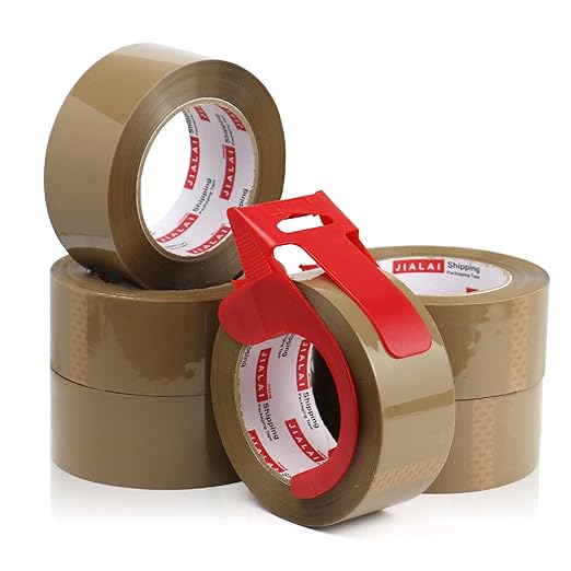 Brown Packing Tape with Dispenser, 2.4 mil, 1.88 inch x 110 Yards 6 Rolls, Ultra Strong, Refill Industrial Shipping Box Packaging Tape for Moving, Office, & Storage