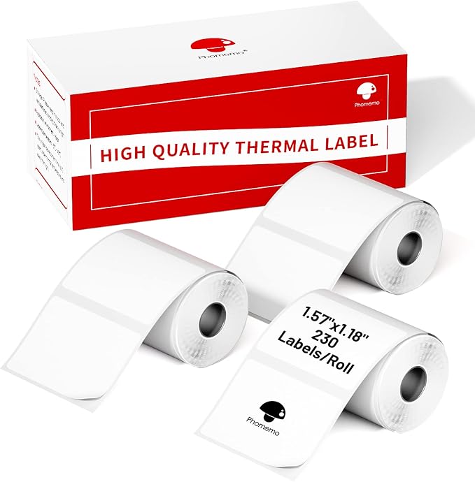 Phomemo Labels 3 Rolls, 1.57"x1.18", for M110/M100/M220/M108, 960 PCS | Square 40×30mm Name Thermal Stickers for Kids & School, 3 Rolls, for Barcode, Logo, Business, Home, Peptide Vial, White