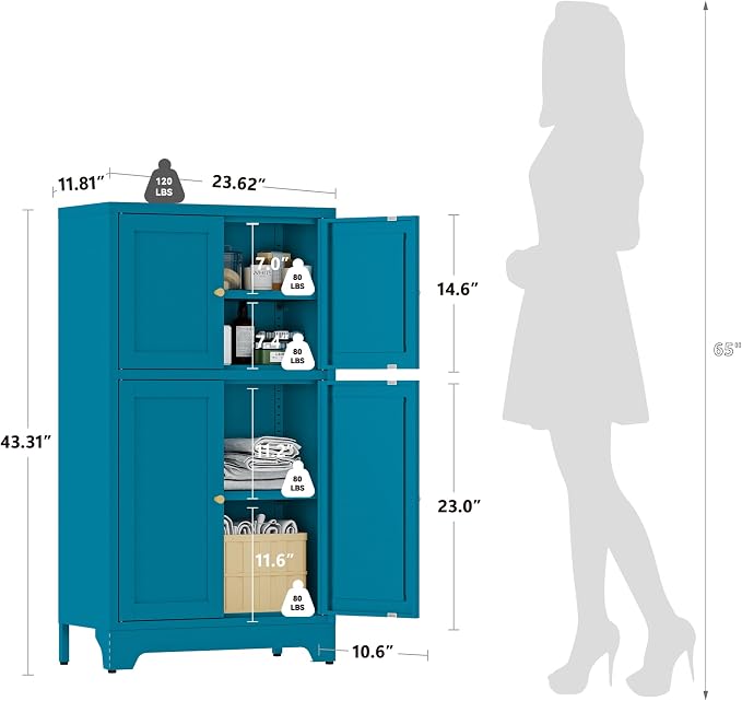 YAUWOH Blue Bathroom Floor Cabinet, Metal Storage Cabinet with 2 Adjustable Shelves & 4 Doors,Freestanding Sideboard for Dining Room,Living Room, Home Office