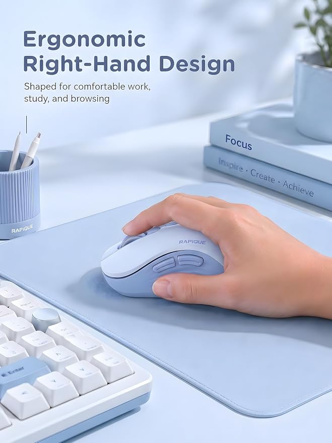 RAPIQUE Bluetooth Wireless Mouse, Dual Bluetooth & 2.4GHz, Light Blue | Quiet Clicks, Right-Hand Ergonomic 6 Button, Adjustable DPI, AA Battery, 3-Device Switching for Laptop, PC, Mac, Tablet
