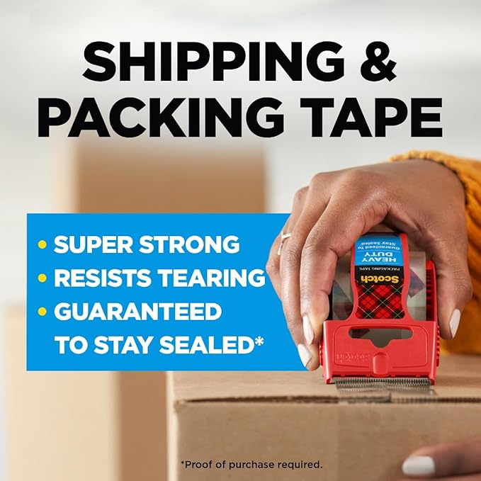 Scotch Heavy Duty Shipping Packing Tape, Clear, Shipping and Packaging Supplies, 1.88 in. x 22.2 yd., 3 Tape Rolls with Dispensers