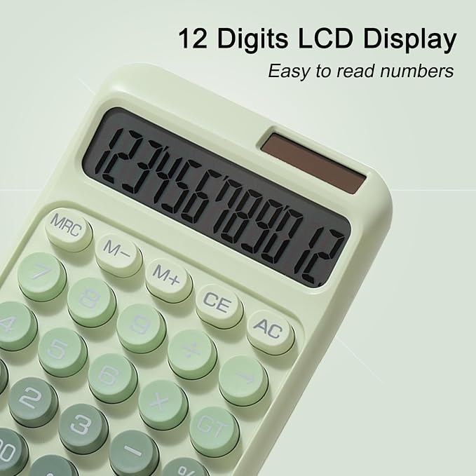 Desk Calculator, Merchanical Big Buttons,12 Digits Large LCD Display Calculadora, Solar and Battery Dual Power, Battery Include, Cute Basic Calculator for School,Office,Home,Business (Green)