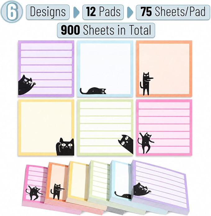 Mr. Pen- Black Cat Sticky Notes Set Bulk, 3" x 3", 12 Pads, 900 Sheets | Black Cat Sticky Notes, Memo Pads, Self-Stick Note Pad for Office, School, Home, Study & Organization