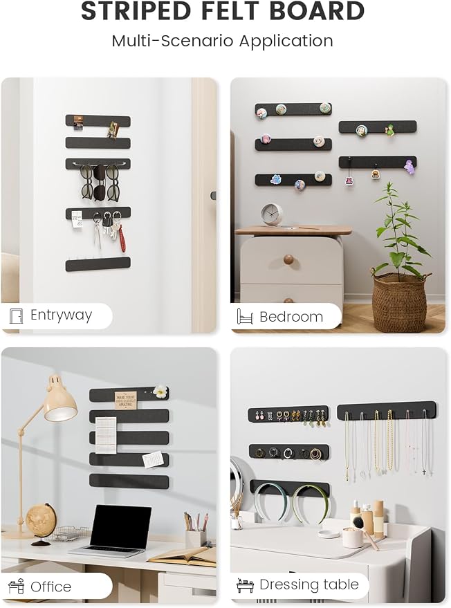 Fluxynara 13" x 2" Felt Wall Panels, Black | 5-Pack Includes 35 Push Pins and Adhesive Tabs for Photos, Notes and Decor in Bedroom Doors, Home Office or Studios