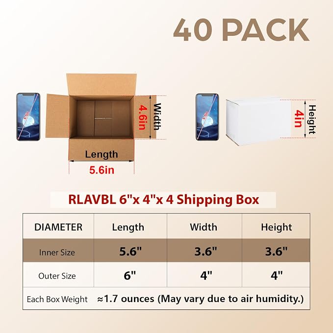 RLAVBL 6x4x4 Shipping Boxes Set of 40, White Corrugated Cardboard Box for Packing, Mailing, Business