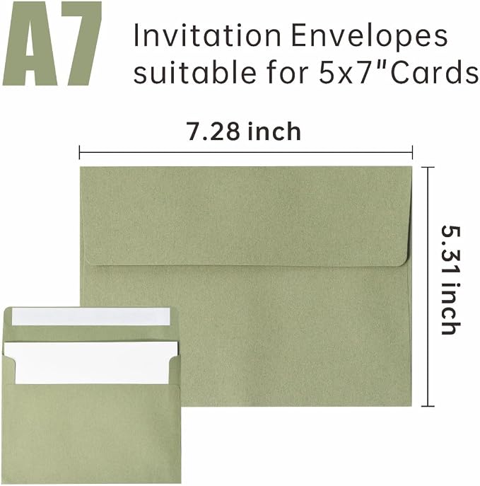 50 Pack A7 Envelopes, Sage Green 5x7 Invitation Envelopes, Self Seal Envelopes Printable, for Weddings, Greeting Cards, Photos, Postcards, Mailing, Party