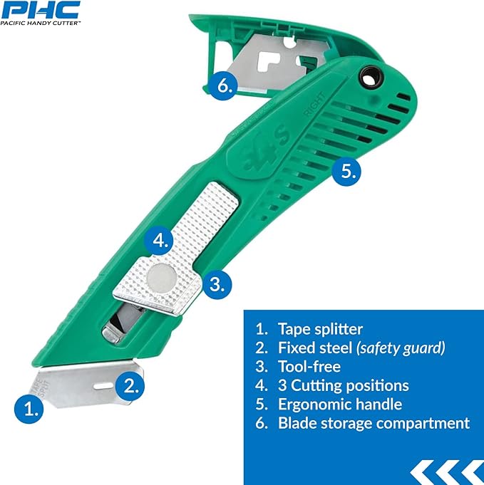 Pacific Handy Cutter S4SR Self-Retracting Safety Cutter with Fixed Metal Guard, Bladeless Tape Splitter, Steel Guard for Safety and Damage Protection, for Warehouse and In-Store Cutting, green