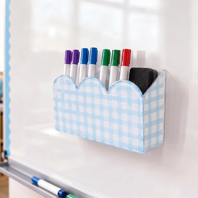 SiliFine Scalloped Magnetic Dry Erase Marker Holder Blue Gingham Acrylic Pen Holder Magnet Classroom Desk Organizer Pencil Cup for Back to School Whiteboard Office Desk Locker Refrigerator Accessories