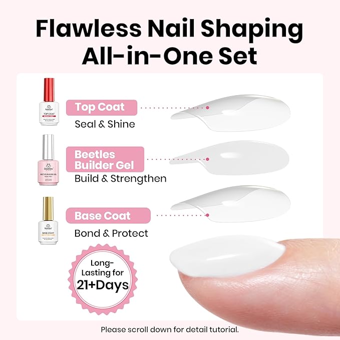 Beetles Builder Gel Nail Kit with Base and Top Coat 15ml – HEMA Free Milky White Builder Gel with Nail Art Liner Brush, Soak Off UV LED Gel for Nail Strengthening, Extension & Long Lasting Manicure
