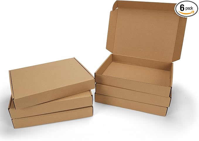 13x10x2 inch Cardboard Shipping Box, Set of 6 Mailer Boxes, Brown | Single Corrugated, DIY Cardboard, Easy Fold, Shape Well, Self locking, Book, Shirt, Clothes, Gift Wrap, Small Business