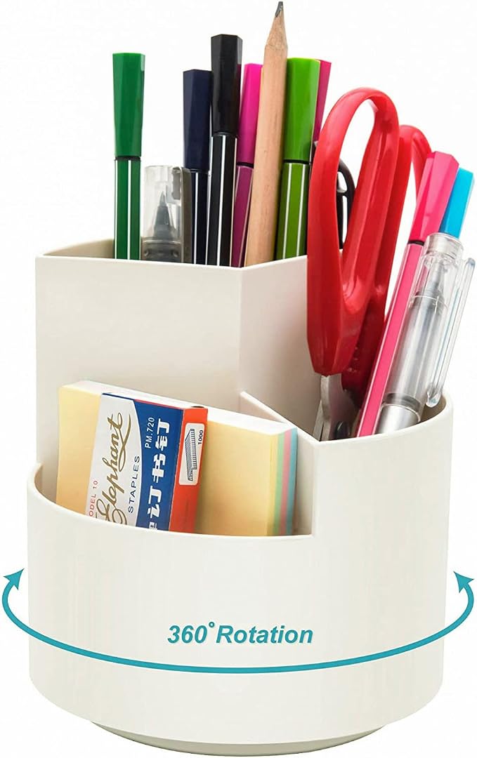 Siveit Desk Pencil Pen Holder, Desk Organizers 3 Slots 360-Degree Rotating Pen Holder for Desktop Storage Stationery Supplies Organizer, Home, Office, School, Kids, White