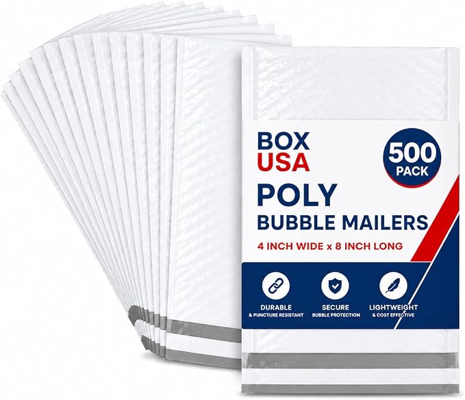 BOX USA Bubble Mailers 4" x 8" White (500-Pack) – Self-Seal Padded Envelopes with Bubble Lining, Poly Bubble Mailer Shipping Bags for Small Business, Ecommerce & Fulfillment Packaging