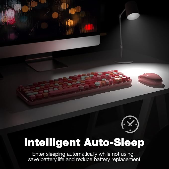 MOFII Wireless Keyboard and Mouse, Pink Colorful Round Key Retro Typewriter Keyboards, USB Wireless 2.4G Full Size Keyboard and Cute Mice Combo for Computer, Laptop, PC, Chromebook, Smart TV