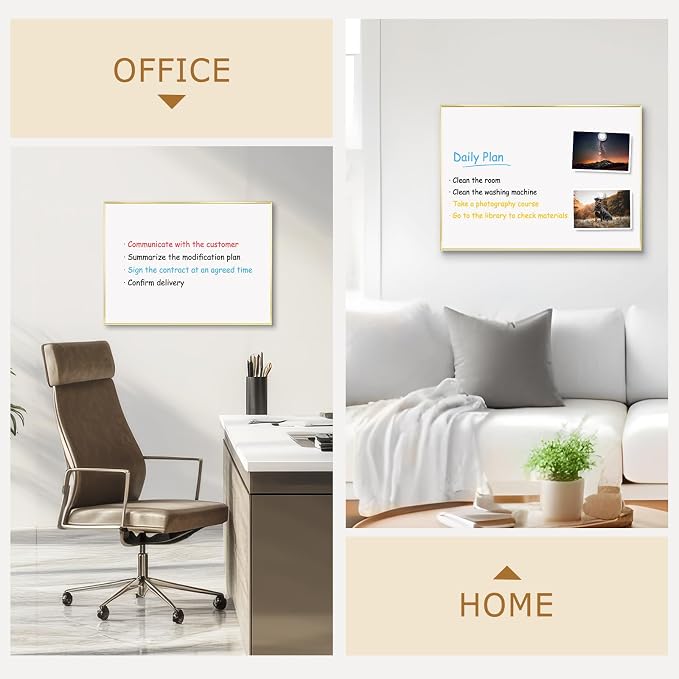 Magnetic Whiteboard, 24" x 18" Dry Erase White Board for Wall | Gold Aluminum Frame, Easy to Write and Erase, Wall Mounted, Presentation Board, for Home, Office, School, Kitchen