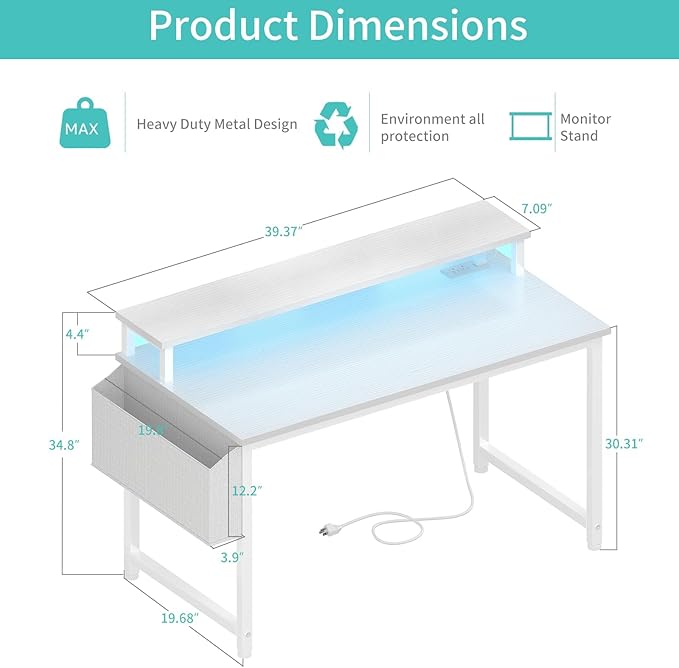 Lufeiya White Computer Desk with LED Lights and Power Outlets, 40 Inch Home Office Desks with Monitor Stand, Teen Writing Study Table Gaming Desk with Charging Station, White